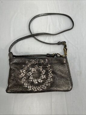 Bottega Veneta Leather Pewter Fold Over Shoulder Bag Purse 196487